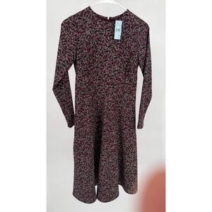 Ann Taylor Petite Black Panther Print Long Sleeve Fit Flare Dress Size 0P